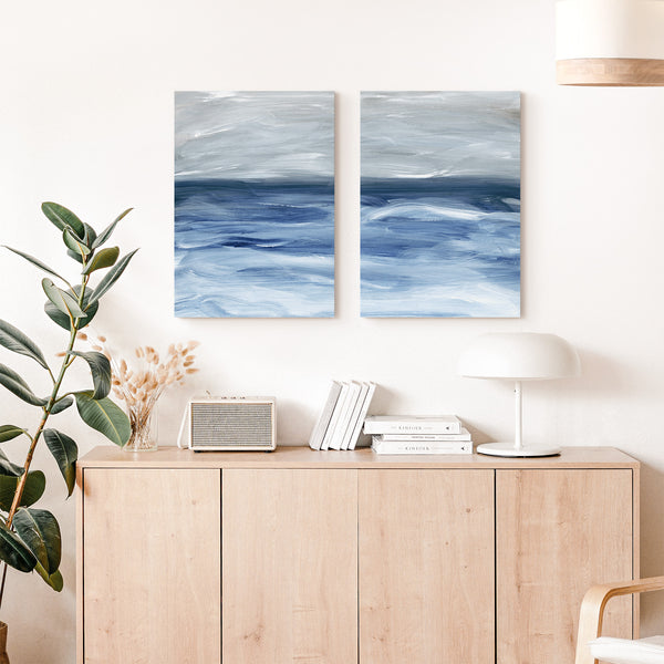 Set of 2 - Ocean Waves Abstract Landscape Painting - Printable Wall Art - Indigo Navy Blue Gray White Beach Coastal Decor - Digital Download