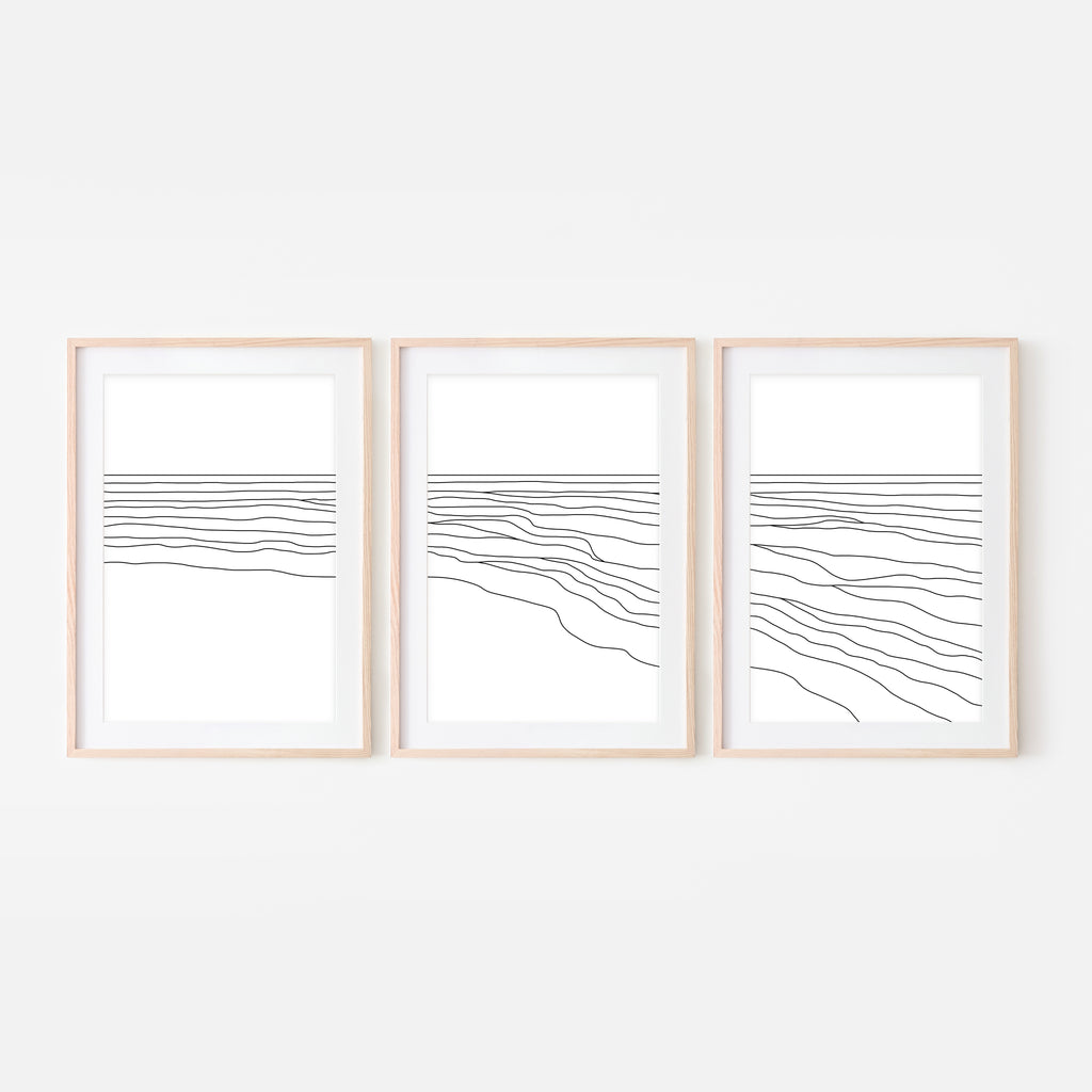 Beach Set No. 1 - Set of 3 Wall Art - Ocean Waves Line Art - Coastal Decor - Minimalist Abstract Landscape - Black and White Print, Poster or Printable Download