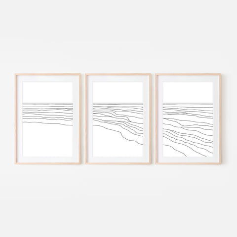 Beach Set No. 1 - Set of 3 Wall Art - Ocean Waves Line Art - Coastal Decor - Minimalist Abstract Landscape - Black and White Print, Poster or Printable Download