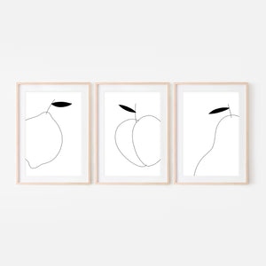 Set of 3 Fruit Wall Art - Lemon Peach Pear - Black and White Line Drawing - Print, Poster or Printable Download
