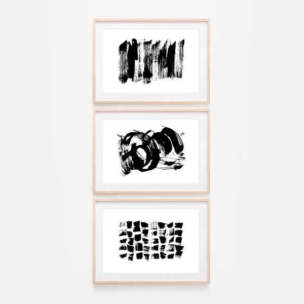 Set of 3 Abstract No. 3 Wall Art - Black and White Ink Brush Strokes Painting - Print, Poster or Printable Download - Horizontal