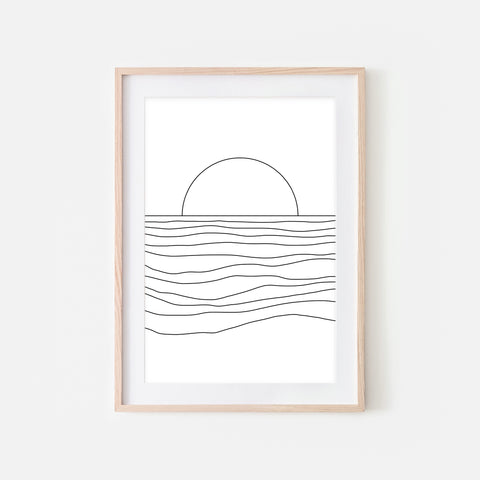 Sunset No. 3 Wall Art - Minimalist Abstract Ocean Beach Landscape Line Drawing - Black and White Print, Poster or Printable Download