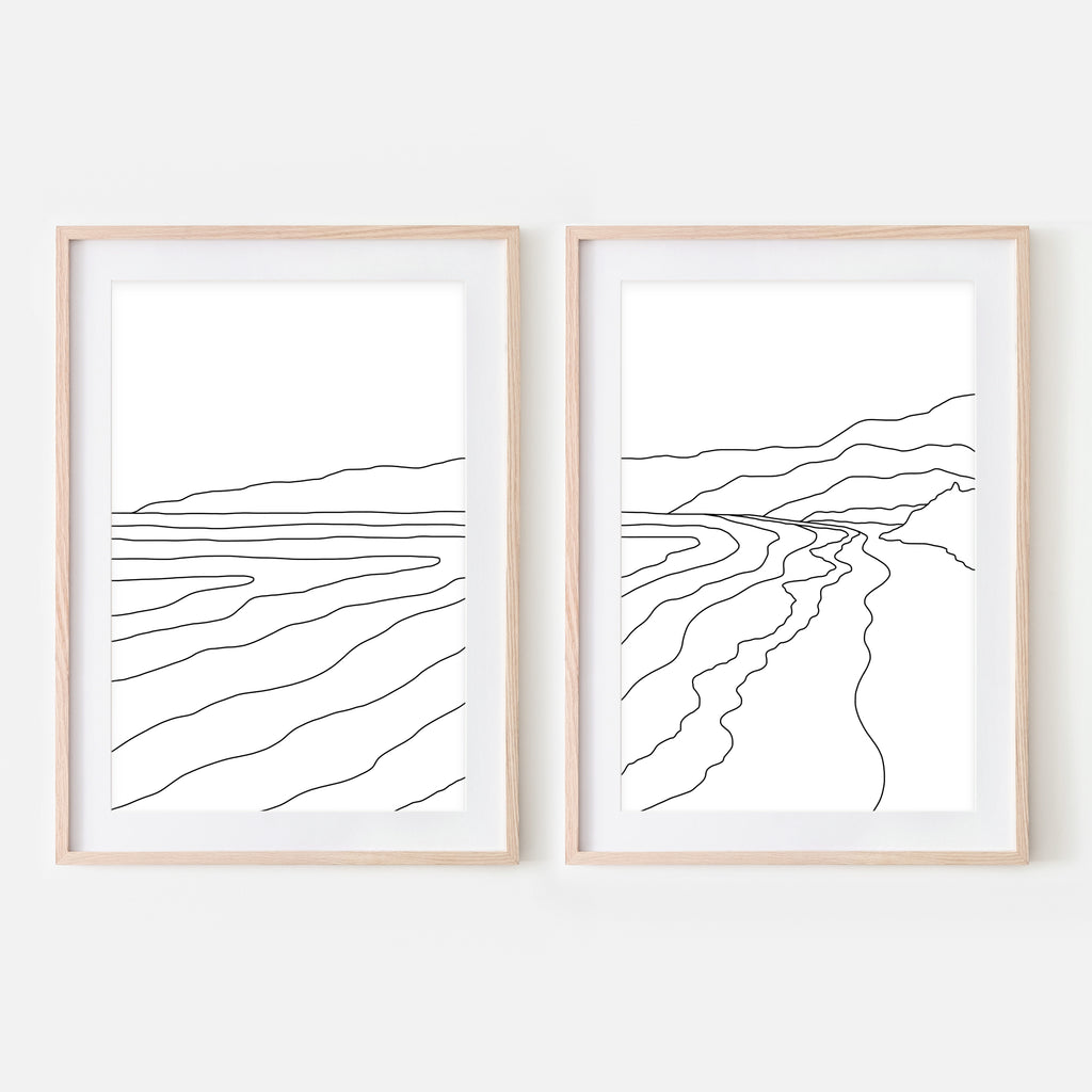 Beach Set No. 5 - Set of 2 Wall Art - Ocean Line Art - Mountain Coastal Decor - Minimalist Abstract Landscape - Black and White Print, Poster or Printable Download