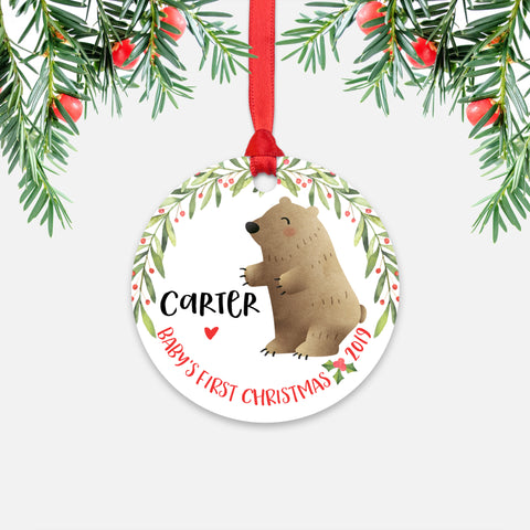 Grizzly Bear Personalized Baby’s First Christmas Ornament for Baby Boy or Baby Girl - Cute Woodland Animal Baby 1st Holidays Decoration - Custom Christmas Gift Idea for New Parents - Round Aluminum - by Happy Cat Prints