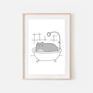 Gray Cat in Bath Wall Art - Funny Bathroom Decor - Line Drawing Illustration -Print, Poster or Printable Download