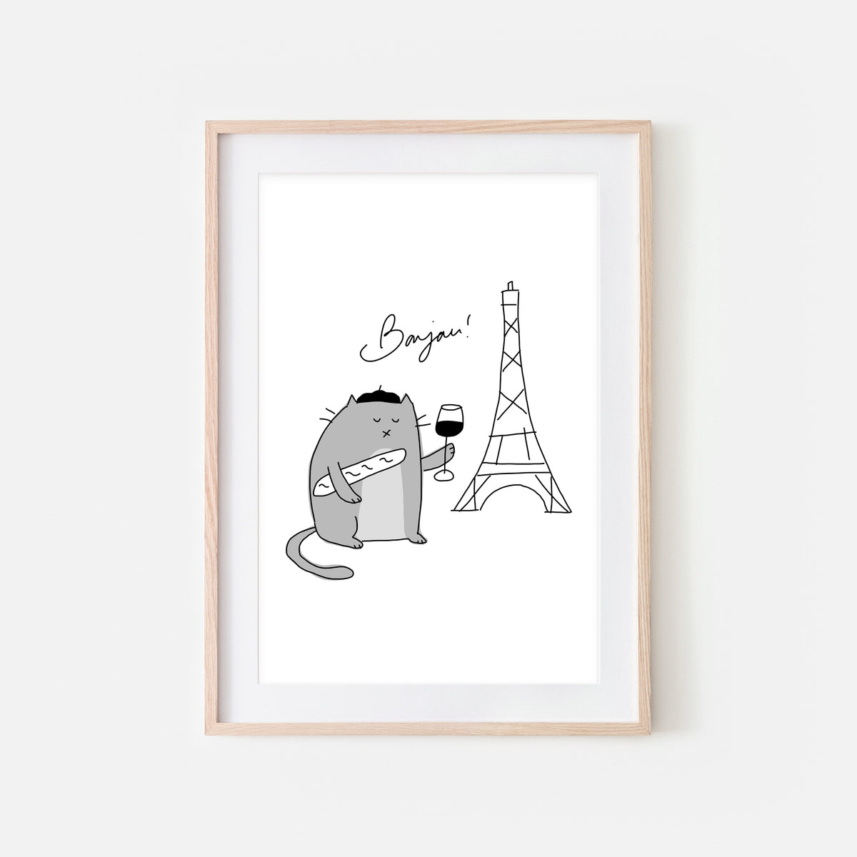 Bonjour! French Gray Cat in Paris Printable Wall Art Happy Cat Prints