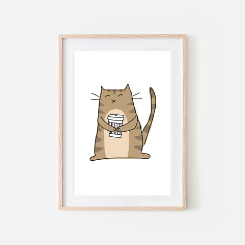 Coffee Lover Brown Tabby Cat Wall Art - Line Drawing Illustration - Print, Poster or Printable Download