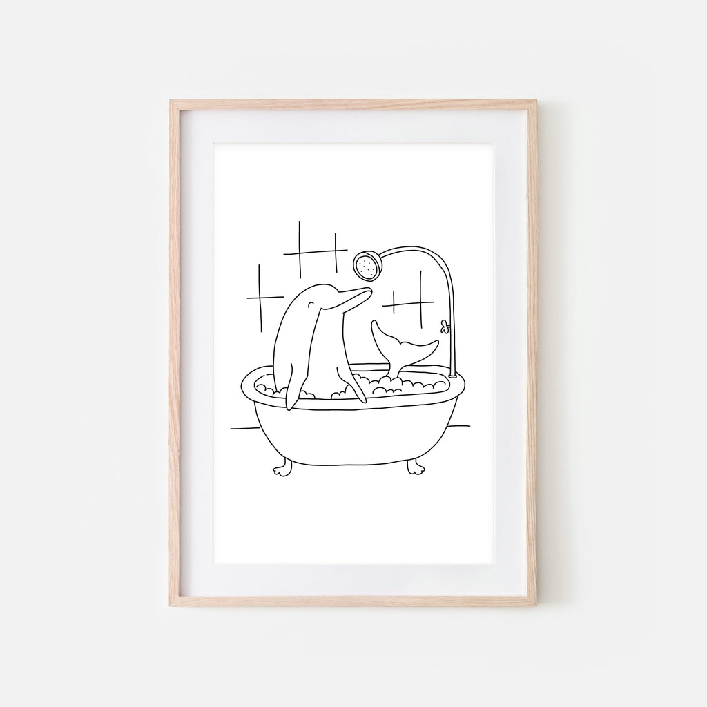 Dolphin - Sea Animal in Bathtub Wall Art - Funny Bathroom Decor - Black and White Drawing - Downloadable Print