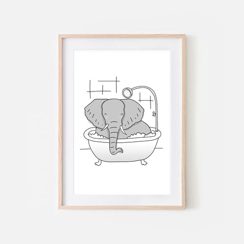 Elephant - Animal in Bathtub Art - Funny Safari Theme Bathroom Wall Decor for Kids - Printable Digital Download Illustration