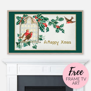 Free Christmas image for Samsung Frame TV - A Happy Xmas Birds & Holly Vintage Postcard displayed above fireplace