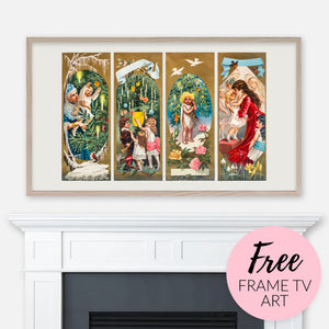 Free Christmas image for Samsung Frame TV - Vintage Christmas Card Depicting Families and Christmas Trees displayed above fireplace