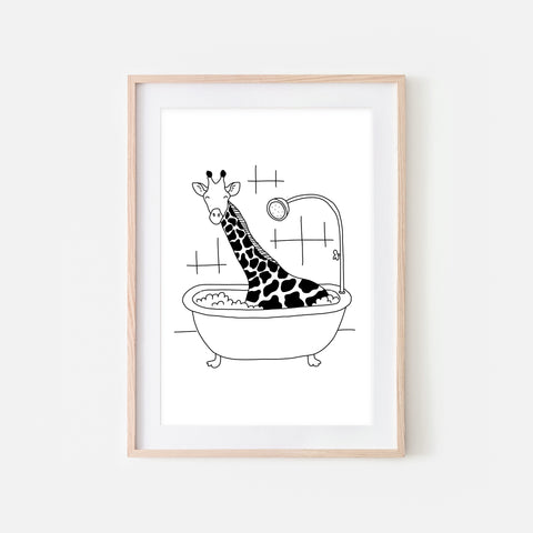 Giraffe - Safari Animal in Bathtub Wall Art - Funny Bathroom Decor - Black and White Drawing - Downloadable Print