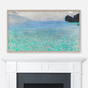 Gustav Klimt's Attersee lake painting displayed in Samsung Frame TV above fireplace