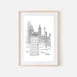 London No. 1 - Telephone Booth & Big Ben Wall Art - Black and White Line Drawing - Print, Poster or Printable Download