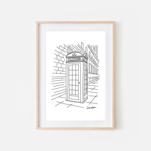 London No. 2 - Telephone Booth Wall Art - Black and White Line Drawing - Print, Poster or Printable Download