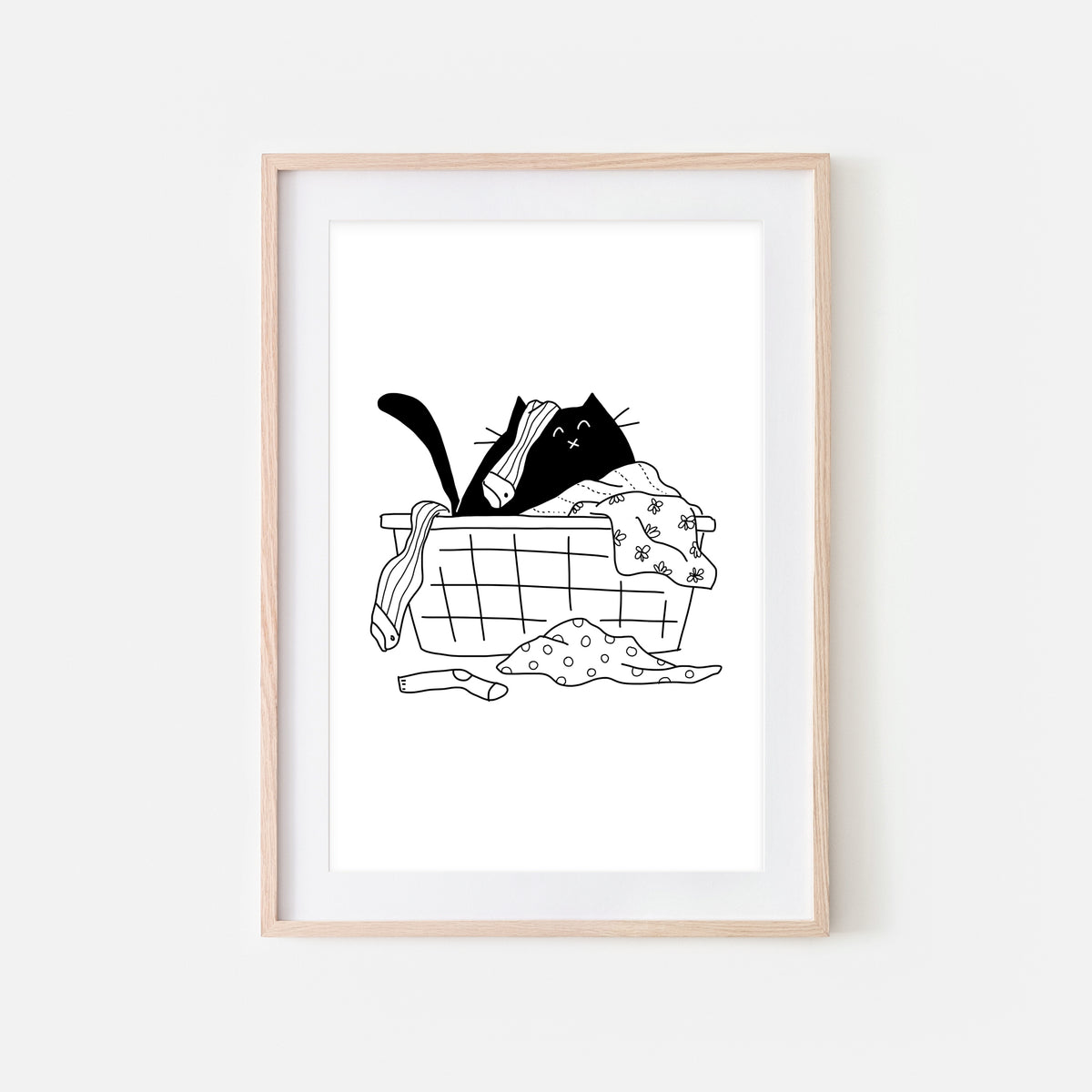 Laundry room comical black cat frame and high quality matted print with hand color details to that personal touch