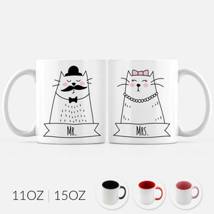 Mr and Mrs Cat Set of 2 Two Personalized Couple Ceramic Coffee Mugs for Animal Lover Wedding Engagement Gift - By Happy Cat Prints