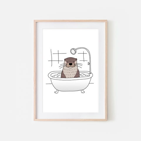 Otter - Animal in Bathtub Art - Funny Sea Theme Bathroom Wall Decor for Kids - Printable Digital Download Illustration