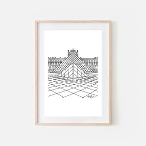 Paris No. 3 Louvre Museum Pyramid Wall Art - Black and White Line Drawing - Print, Poster or Printable Download