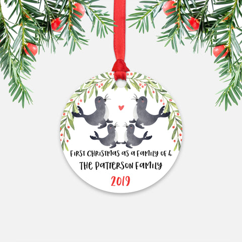 Seal Animal First Christmas as a Family of 4 Personalized Ornament for New Baby Girl Boy - Round Aluminum - Red ribbon
