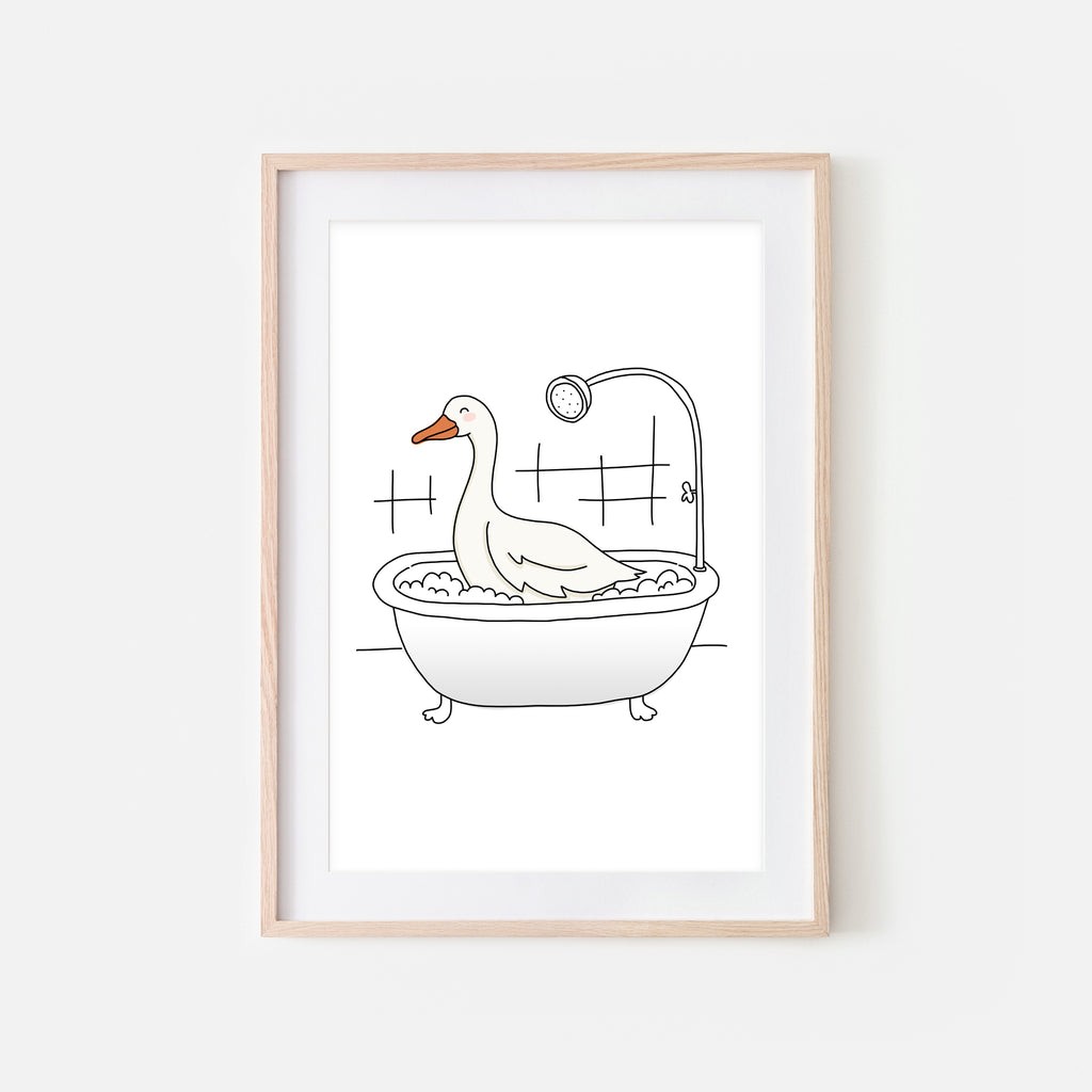 Snow Goose - Animal in Bathtub Art - Funny Farm Theme Bathroom Wall Decor for Kids - Printable Digital Download Illustration