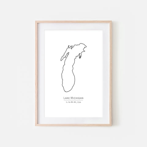 Lake Michigan IL IN MI WI Wall Art - Minimalist Map - Great Lakes House Decor - Black and White Print, Poster or Printable Download