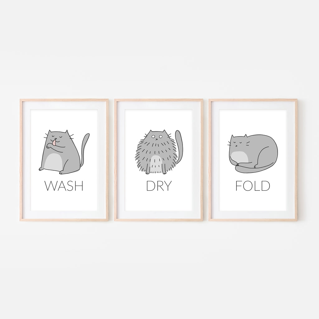 Set of 3 Gray Cat Wall Art - Wash Dry Fold Signs - Funny Laundry Room Decor - Print, Poster or Printable Download