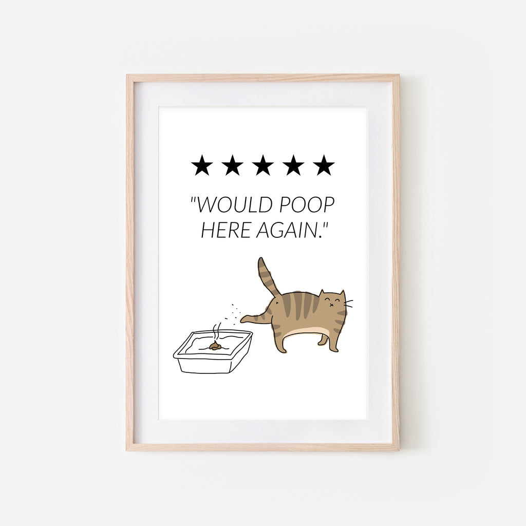 Would Poop Here Again Sign - Brown Tabby Cat Wall Art - Funny Bathroom Restroom Decor - Printable Downloadable Print