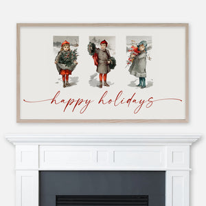 Happy Holidays - Samsung Frame TV Art - Vintage Christmas Card - Children and Holly by L. Prang & Co - Digital Download