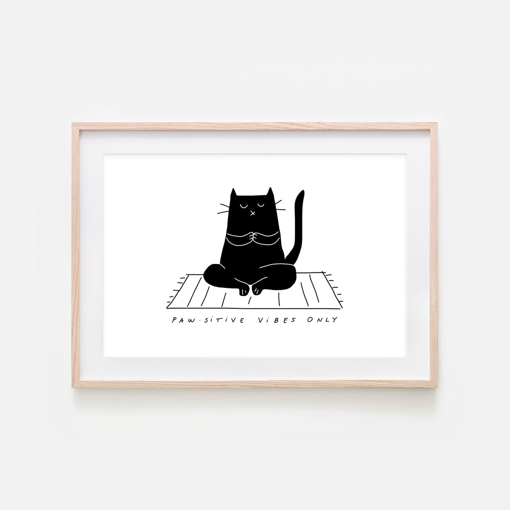 Pawsitive Vibes Only - Yoga Wall Art - Black Cat Line Drawing - Fitness Exercise Room Decor - Print, Poster or Printable Download