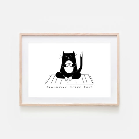 Pawsitive Vibes Only - Yoga Wall Art - Tuxedo Cat Line Drawing - Fitness Exercise Room Decor - Print, Poster or Printable Download