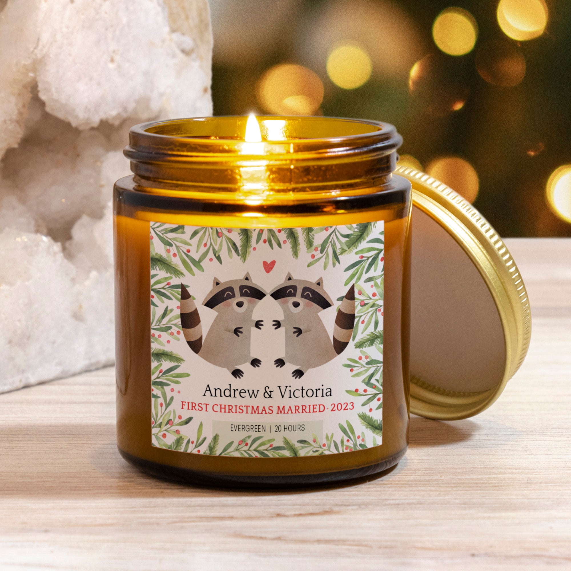 Raccoon Couple Christmas Personalized Candle