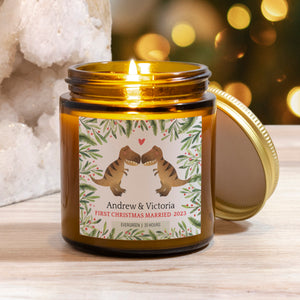 T-Rex Dinosaur Couple Christmas Personalized Candle