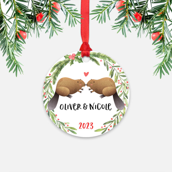 Beaver Couple Personalized Christmas Ornament