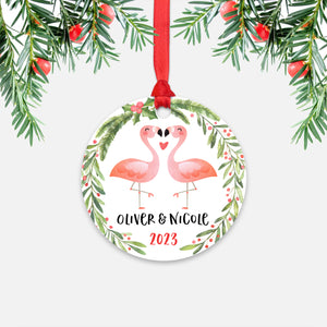 Pink Flamingo Couple Personalized Christmas Ornament