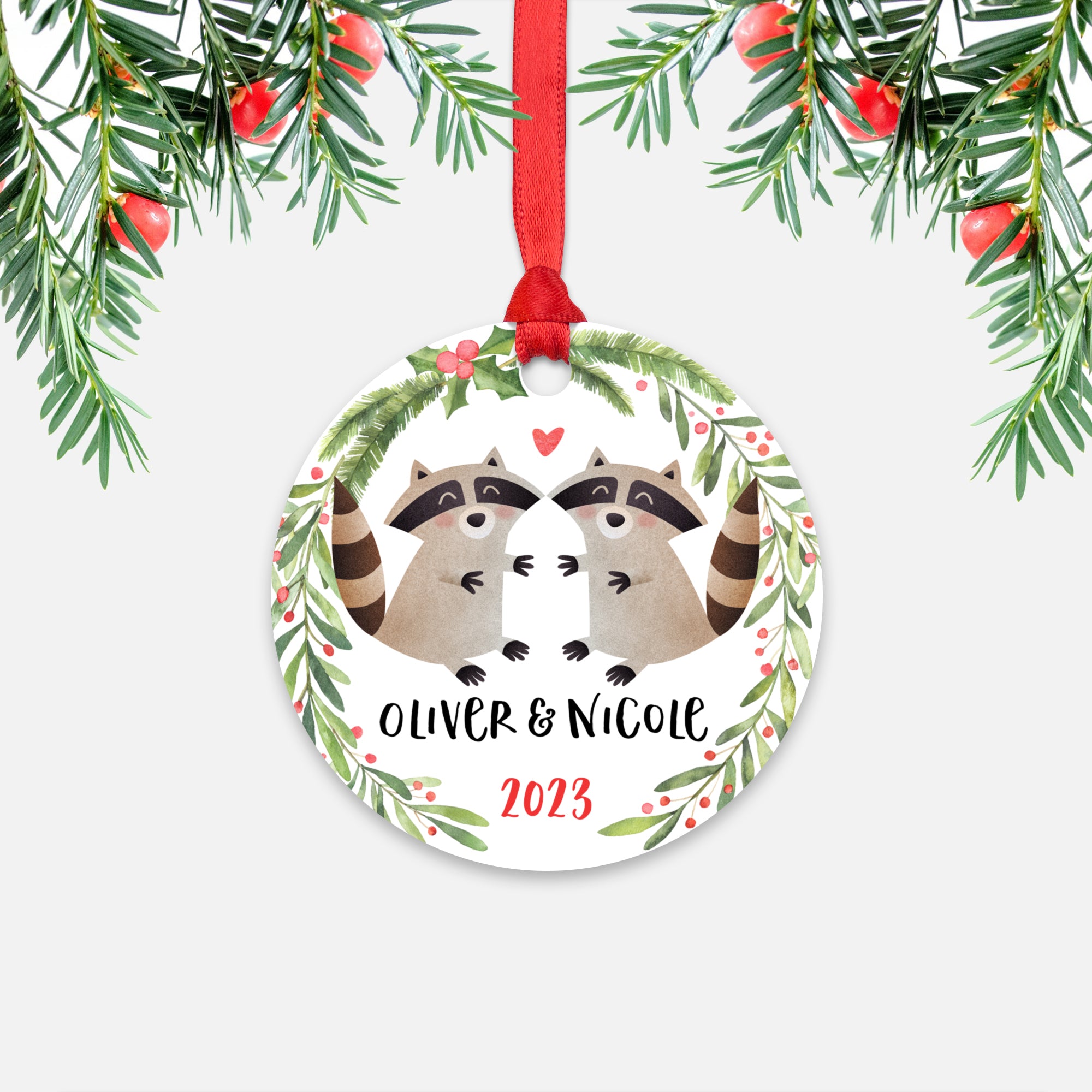 Raccoon Couple Personalized Christmas Ornament