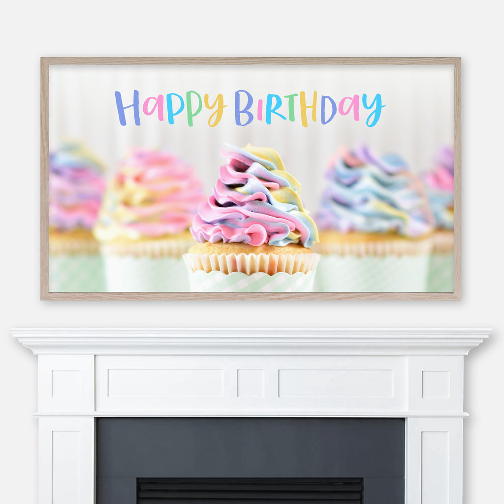 Happy Birthday Samsung Frame TV Art 4K - Rainbow Pastel Cupcakes - Digital Download