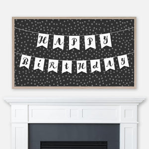 Happy Birthday Samsung Frame TV Art 4K - Bunting Banner on Polka Dot Background - Black and White - Digital Download