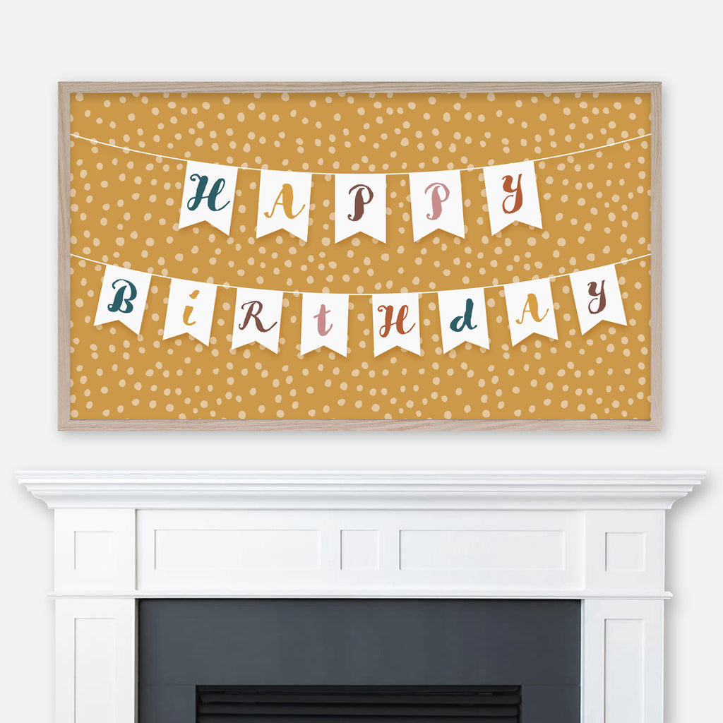 Happy Birthday Samsung Frame TV Art 4K - Bunting Banner on Polka Dot Background - Mustard Yellow - Digital Download