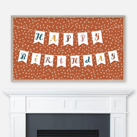 Happy Birthday Samsung Frame TV Art 4K - Bunting Banner on Polka Dot Background - Burnt Orange - Digital Download