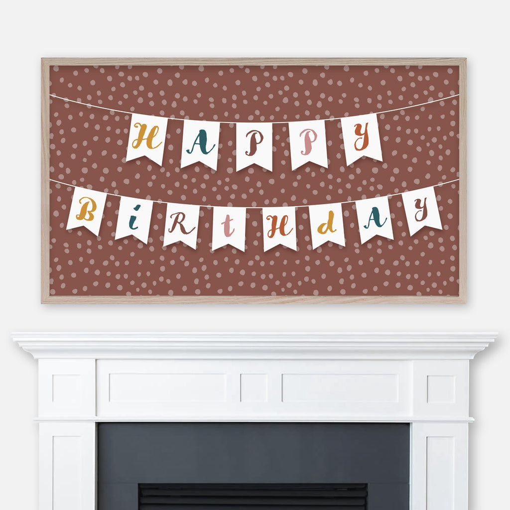Happy Birthday Samsung Frame TV Art 4K - Bunting Banner on Polka Dot Background - Terracotta Brown - Digital Download