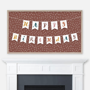 Happy Birthday Samsung Frame TV Art 4K - Bunting Banner on Polka Dot Background - Terracotta Brown - Digital Download