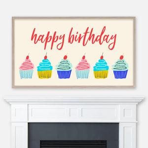 Happy Birthday Samsung Frame TV Art 4K - Cute Colorful Cupcakes Illustration on Cream Background - Digital Download