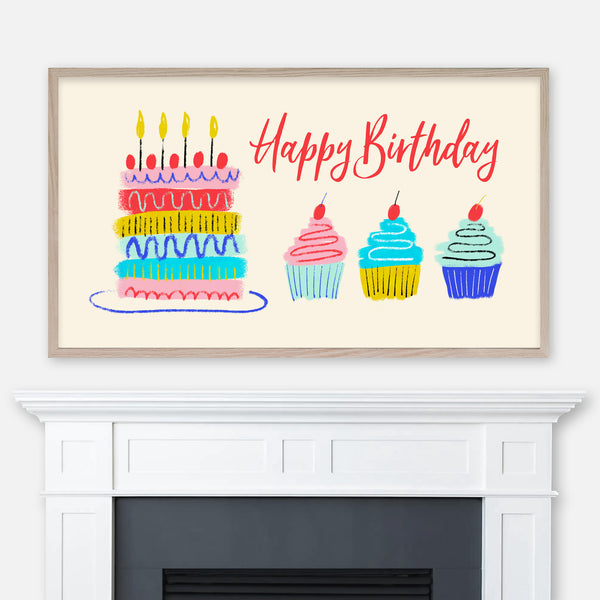 Happy Birthday Samsung Frame TV Art 4K - Cute Colorful Stacked Cake & Cupcakes Illustration on Cream Background - Digital Download