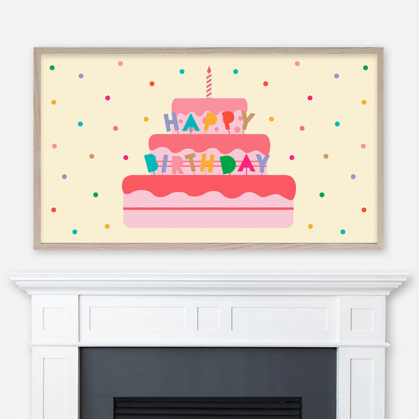 Happy Birthday Samsung Frame TV Art 4K - Cute Colorful Tiered Cake & Confetti - Digital Download