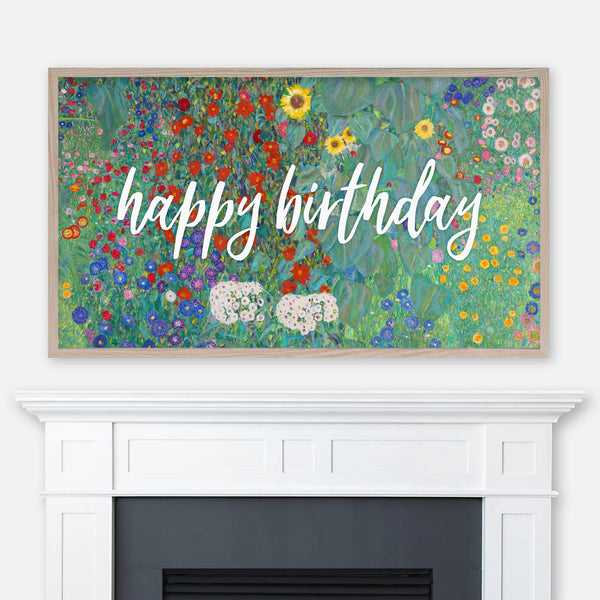 Happy Birthday Samsung Frame TV Art 4K - Gustav Klimt Painting - Cottage Garden With Sunflowers - Digital Download