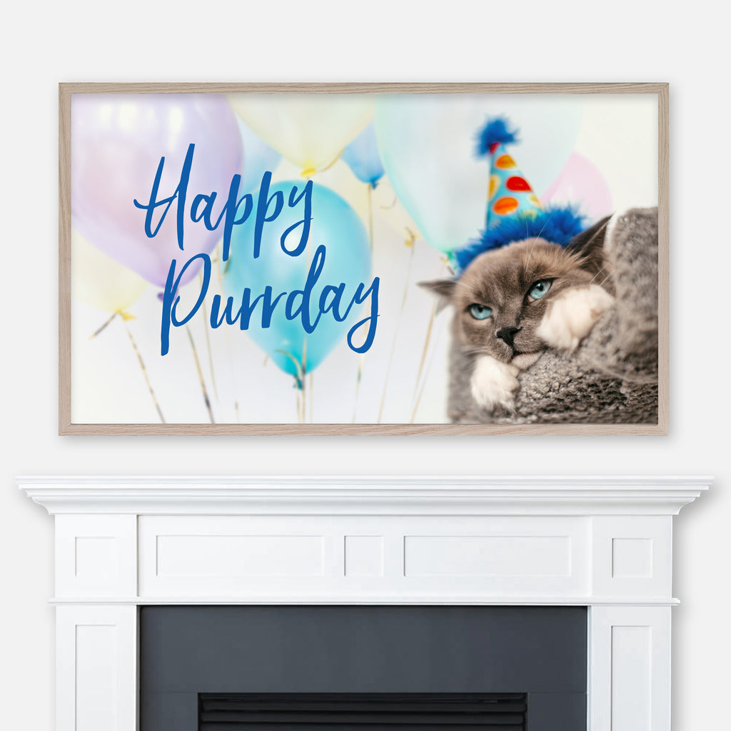 Happy Birthday Samsung Frame TV Art 4K - Happy Purrday - Funny Cute Cat with Party Hat and Balloons - Digital Download