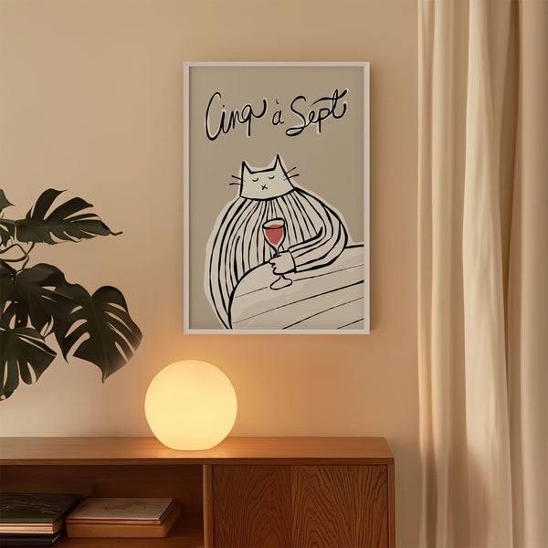 Cinq à Sept - Cat Drinking Red Wine - Black & Greige - Printable Wall Art - Digital Download