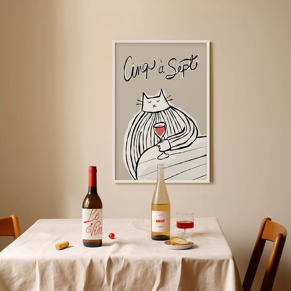 Cinq à Sept - Cat Drinking Red Wine - Black & Greige - Printable Wall Art - Digital Download