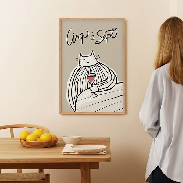 Cinq à Sept - Cat Drinking Red Wine - Black & Greige - Printable Wall Art - Digital Download